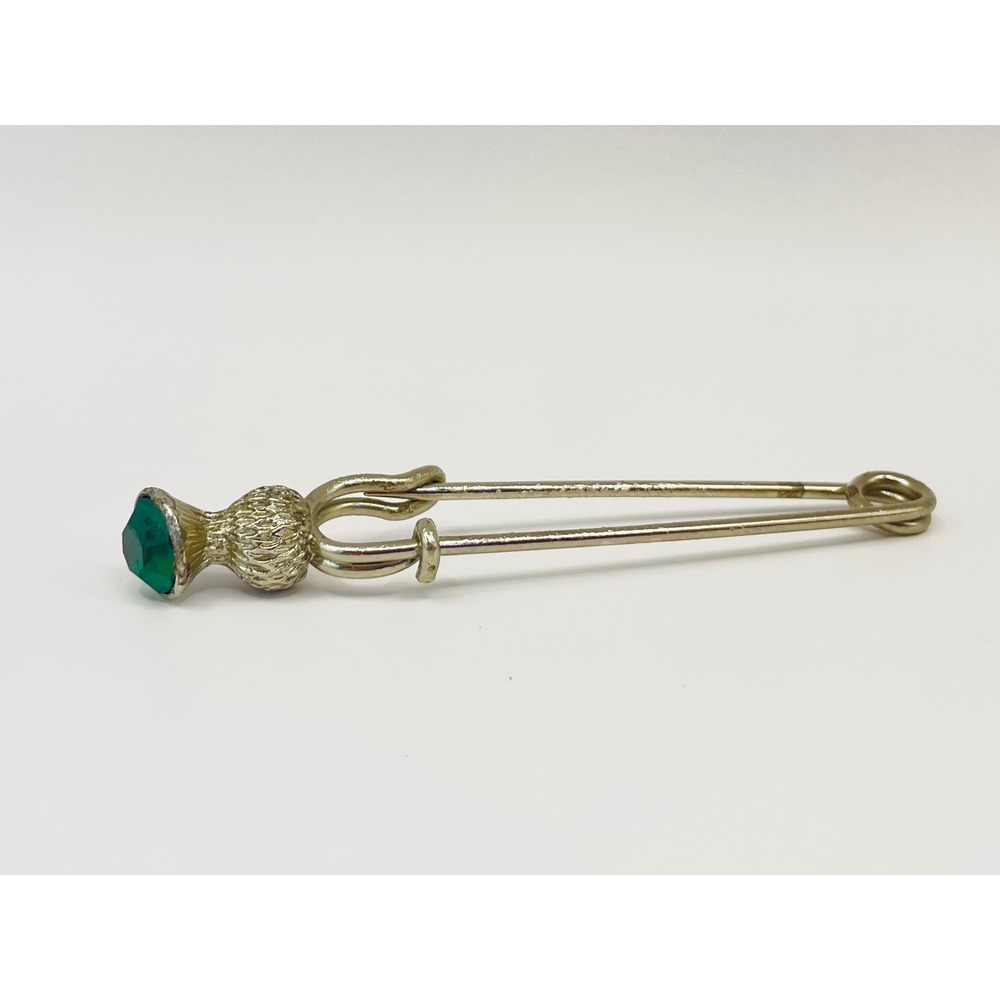 Vintage Scottish Thistle Kilt Pin Green Rhinestone Silver Tone Brooch 3.5 Inch